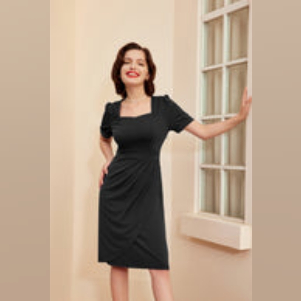 NWT - Vintage Style Square Neck Defined Waist A Line Black Dress - XL